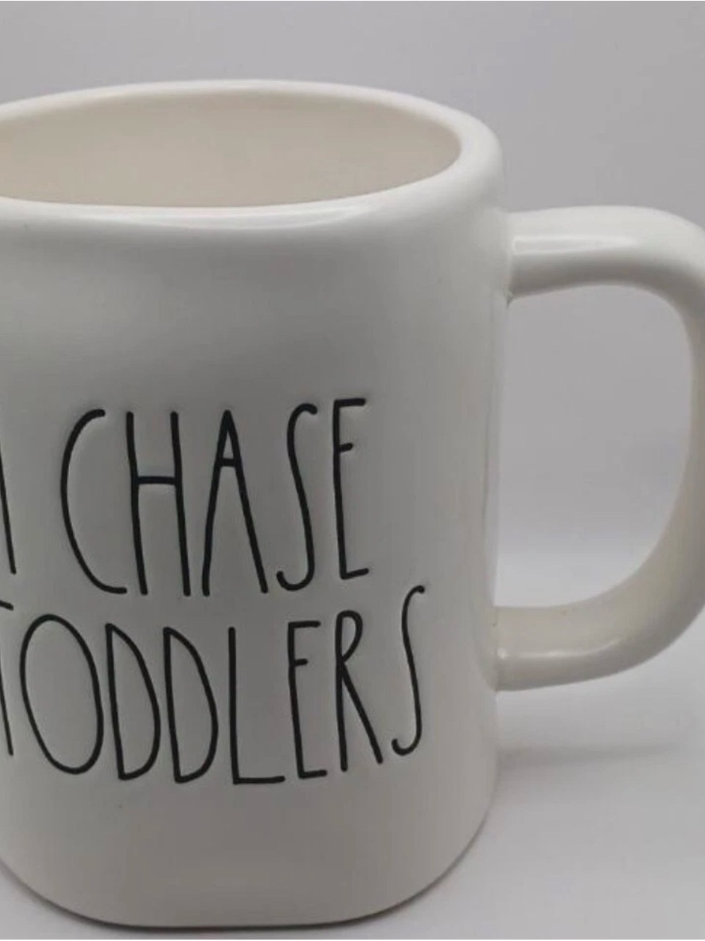 Rae Dunn White Ceramic Mug with Black Script Text